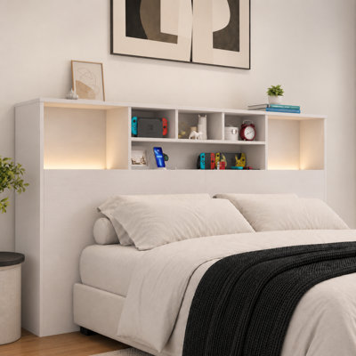 Tête de lit bibliothèque avec station de charge, éclairage DEL 3 couleurs amélioré avec commande à bouton rotatif, disponible en très grand lit