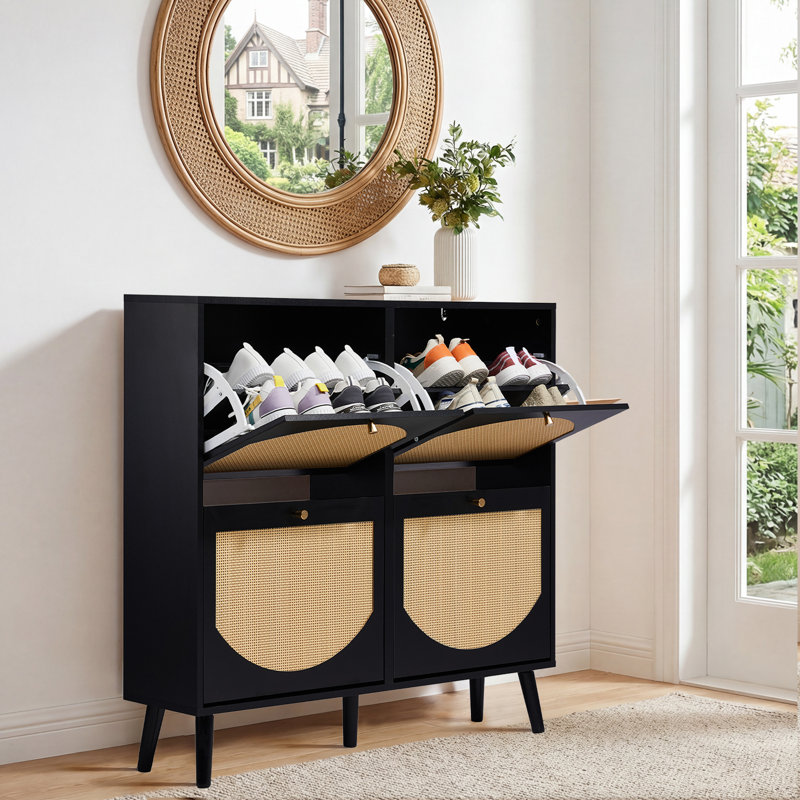 9.45 Inches Depth 2-Row 4-Drawer Arched Rattan Flip Shoe Cabinet, Black