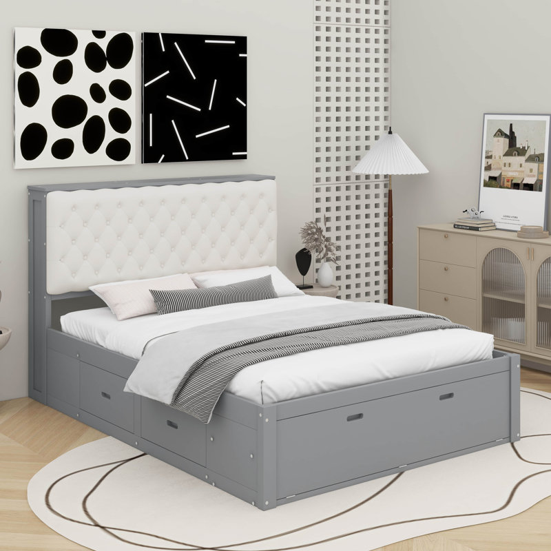 Grand lit plateforme avec tête de lit, étagère à chaussures et tiroirs, Gris