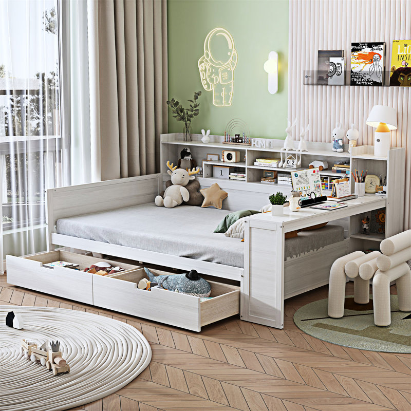 Lit de jour en bois avec rangement et bureau, Blanc antique, Double