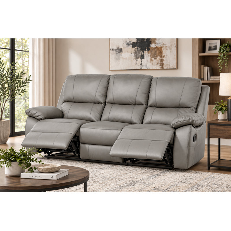 Canapé rembourré en cuir 80 po avec sièges inclinables 80 po, gris, 3 places, 40" H x 80" W x 37" D