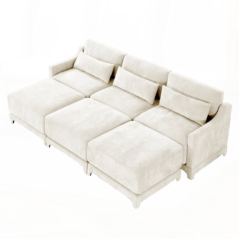 Canapé en chenille avec conception modulaire et 3 repose-pieds mobiles et coussin lombaire, H 32,6 po x l 105,9 po x P 61 po