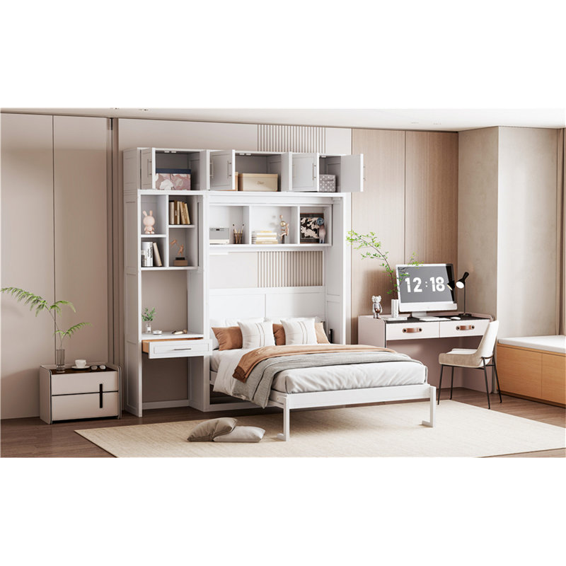 Lit escamotable double pleine grandeur avec bureau, armoire supérieure et tablettes de rangement, lit pliant peu encombrant, blanc 