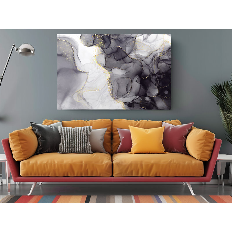 Art moderne sur toile marbré noir et blanc sur pierre, H 40 po x l 60 po x P 1 po
