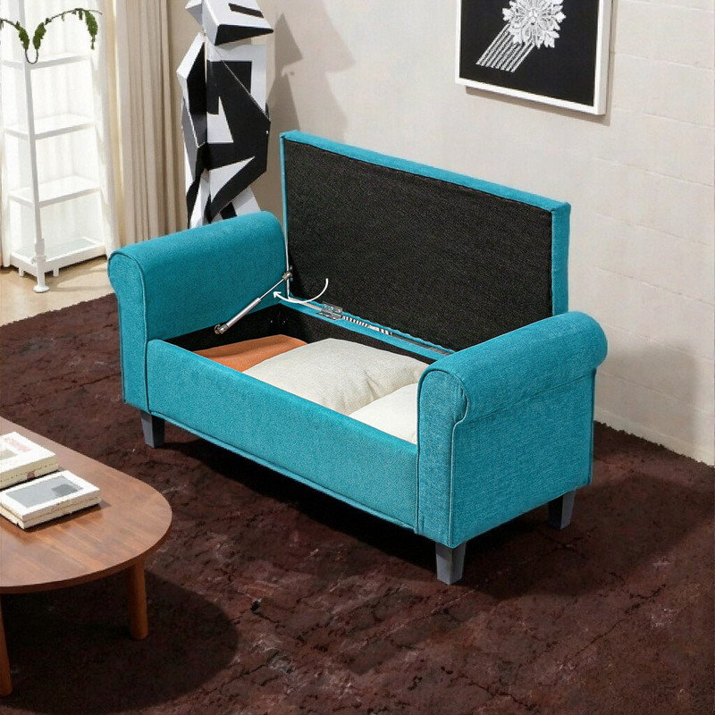 Banc de rangement rembourré 50 po avec accoudoirs roulés, repose-pieds capitonné pour chambre à coucher et entrée, Bleu