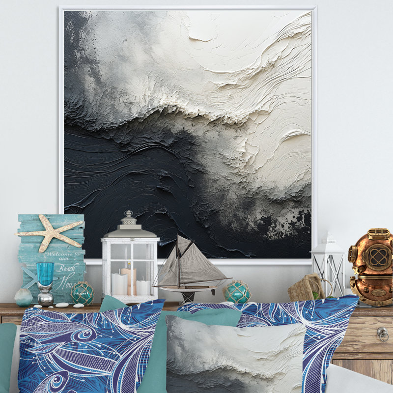 Minimalisme, peinture noire et blanche, vague I - art mural encadré bord de mer, Cadre flottant blanc