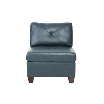 Modern Armless Chair In Blue Genuine Leather, Cushion Seat Style Back Chair, Made Of Contemporary