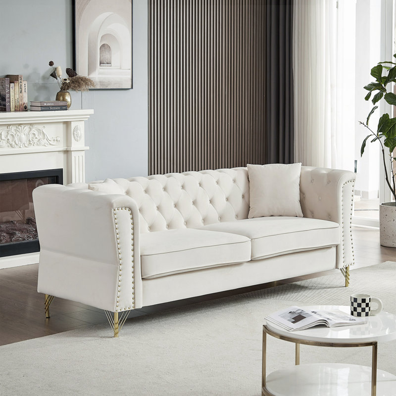Canapé en velours capitonné, Beige, H 29,5 po x l 81,8 po x P 31,8 po