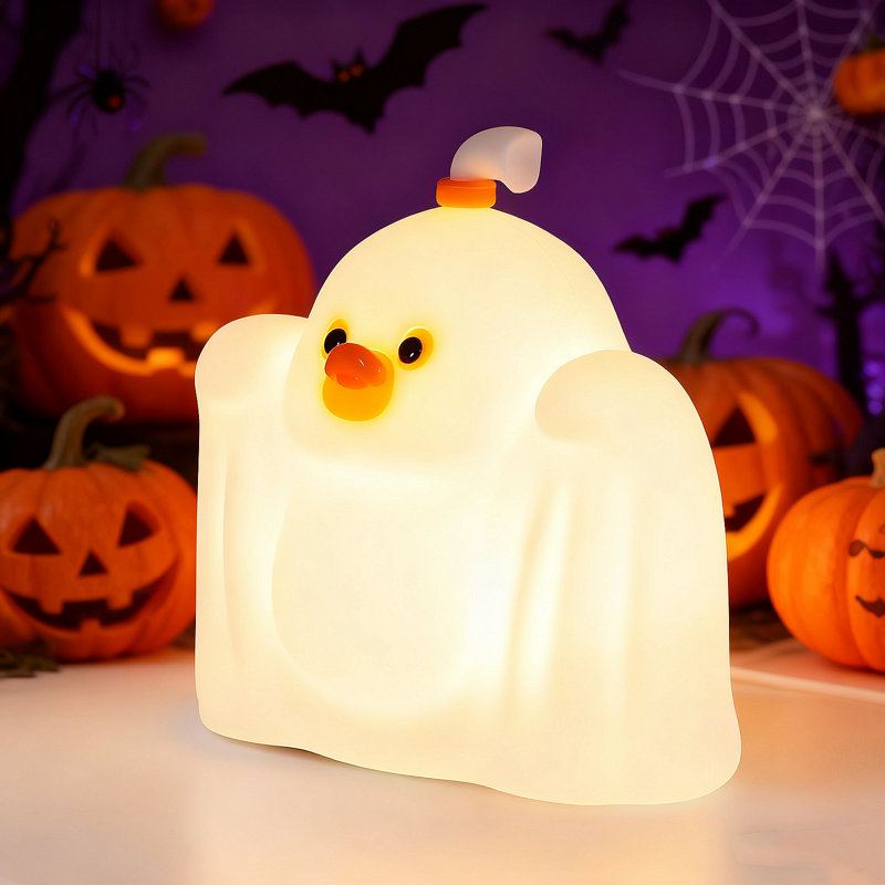 Veilleuse d'Halloween fantôme de canard, lampe tactile en silicone USB rechargeable avec gradateur à 3 niveaux et minuterie de 30 minutes, jolie lampe de chevet pour chambre d'enfant et décoration de chambre à coucher