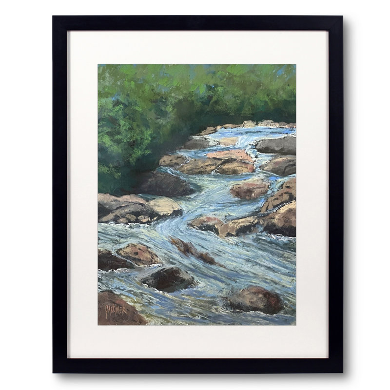 «Take Me To The River» par Dina Gardner - Peinture, H 31,25 po x l 25,25 po, Papier avec cadre noir