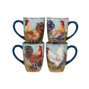 Rustic Rooster Coffee Mugs, Each 8 oz. Set of 4 Glazed Ceramic Mugs