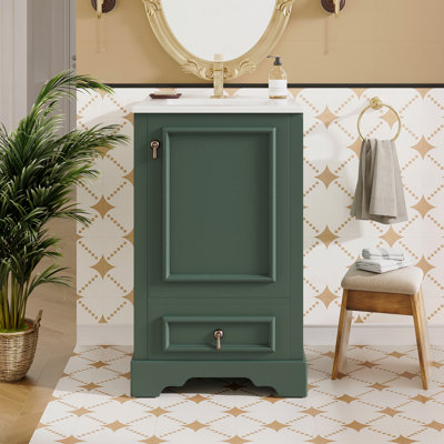 Meuble-lavabo de 20 po avec lavabo en céramique, porte à fermeture en douceur, tablette réglable en forme de U, tiroir de compartiment et support de porte de style moderne