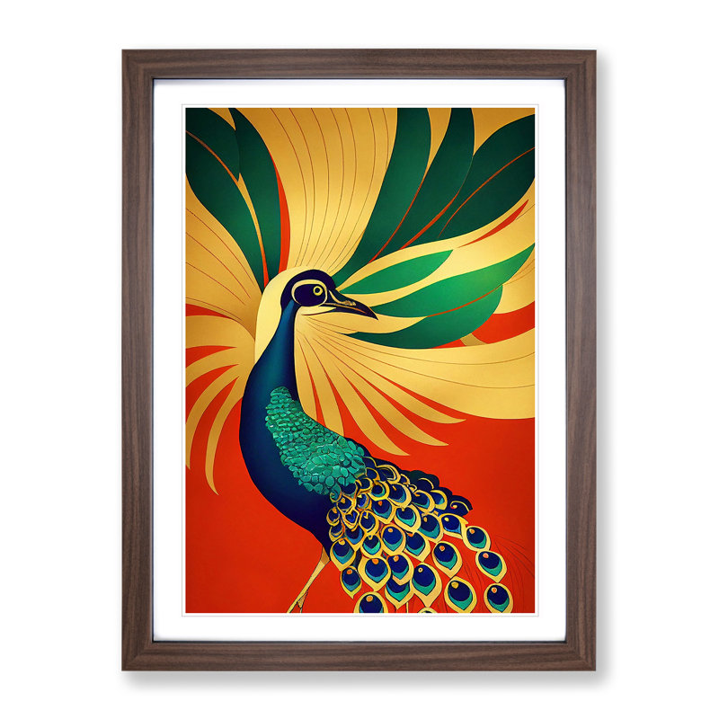 Peacock Art Deco No.1 - Single Picture Frame Print, Walnut Framed, 64cm H x 46cm W x 2cm D