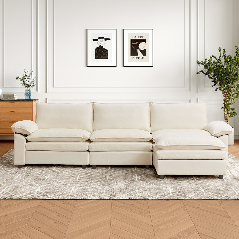 113.58" Chenille Upholstered Sofa, Comfy Cloud Couch with Ottoman, Beige