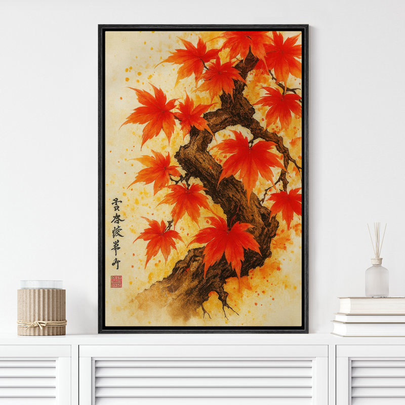 Oriental oriental, feuilles d'érable rouges, reproduction d'art sur toile encadrée, H 24 po x l 16 po x P 1,5 po