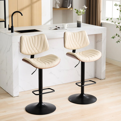 Tabourets de bar en noyer, chaise pivotante à hauteur de comptoir réglable de style Mid-Century 360 pour îlot de cuisine, salle à manger, café, revêtement en cuir noir, pieds en métal, grands tabourets ergonomiques à base stable