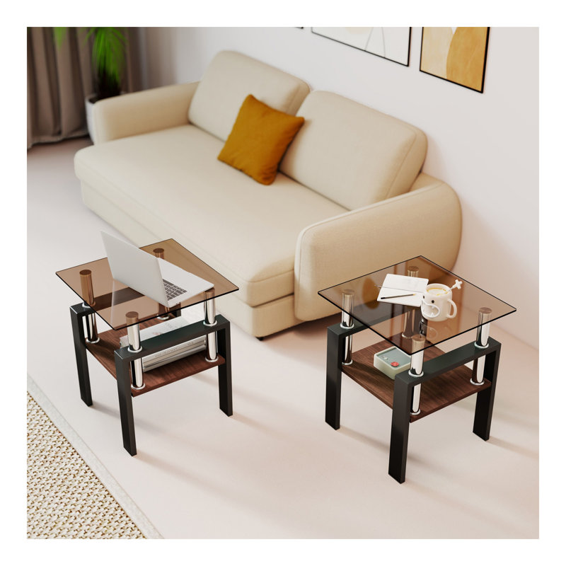 Rolit End Tables Rectangle Side Table with Tempered Glass Top Set of 2, White, Brown, 2