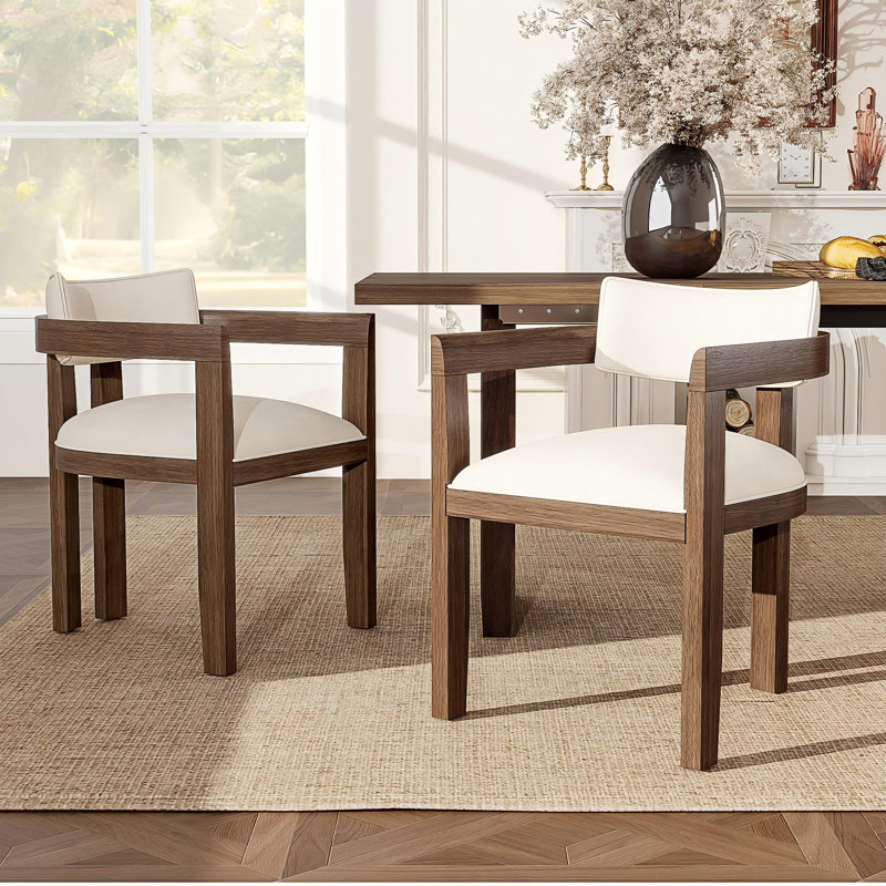 Linen Upholstered Armchair in Beige, 2, Natural Wood