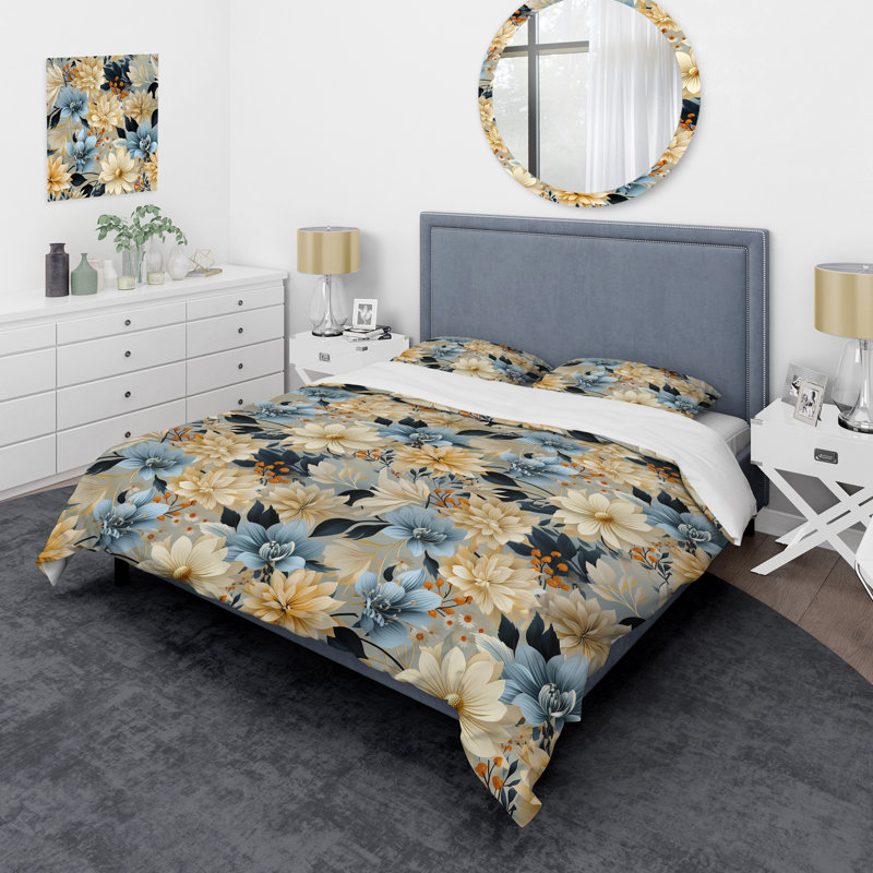 Ensemble de housse de couette Blue Boho Floral Harmony Dreams II, Housse de couette simple + 1 taie décorative stan