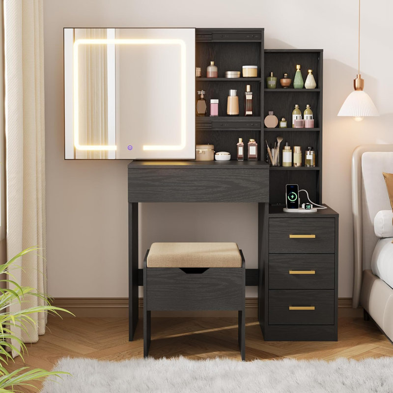 Senfot Vanity Desk With Sliding Mirror And Lights, Modern Makeup Vanity Table With 4 Drawers And 7 Storage Shelves, Dressing Table With Stool And Charging Station, 3 Lighting Modes, For Bedroom