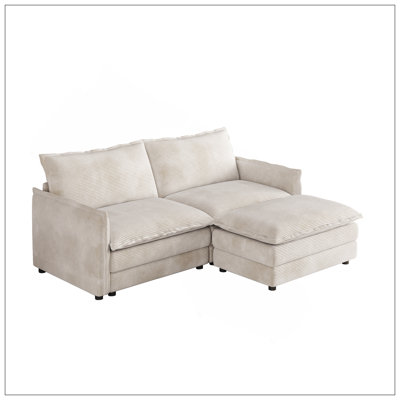 Canapé en tissu avec causeuse en velours côtelé avec 1 repose-pieds pour le salon, canapé modulaire en L 2 places avec repose-pieds, canapé rembourré à 2 places de grande taille avec 2 coussins