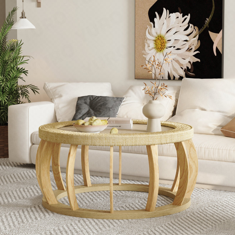 Table basse ronde 35,43 "Boho - Rotin, bois massif, pieds courbés - naturel, Natural