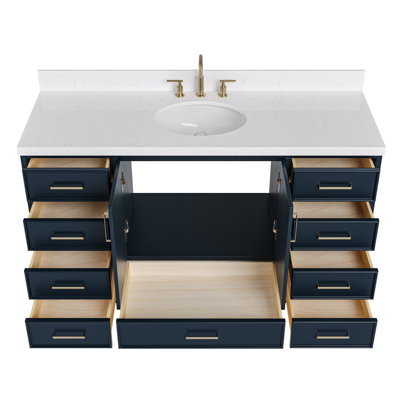 60.25'' Single Bathroom Vanity with Carrara Quartz Top, Midnight Blue