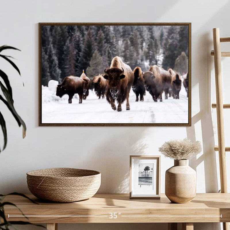 Winter Bisons, 25" X 17", Floating Frame Walnut