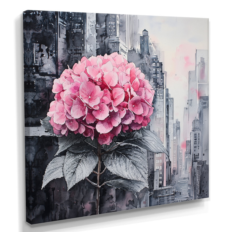 «Hortensias monochromes dans la ville», art mural hortensias, Toile tendue, Ne s’applique pas, H 16 po x l 16 po