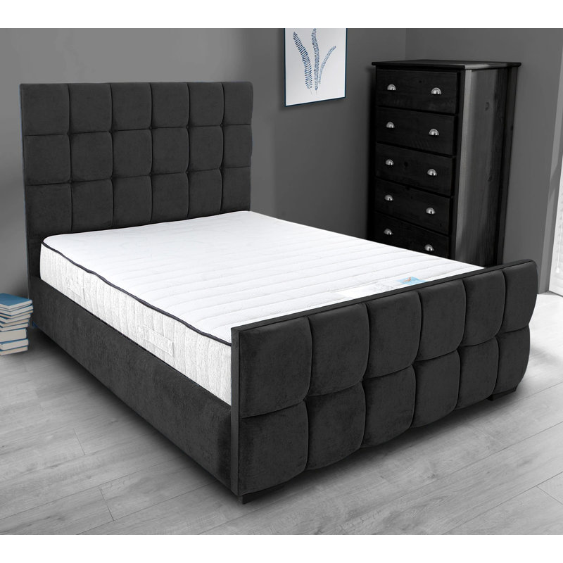 Merricks Contemporary Velvet Upholstered Bed Frame - Padded Headboard, Sprung Slats, Black, Super King (6')