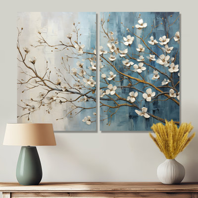 «Peacefulness White Blue Dogwood III», art mural sur toile blanc traditionnel