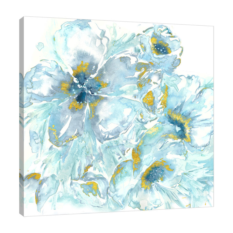 Watercolour Blues With Gold Leaf 2 - Wrapped Canvas Painting, 30 cm H x 30 cm W