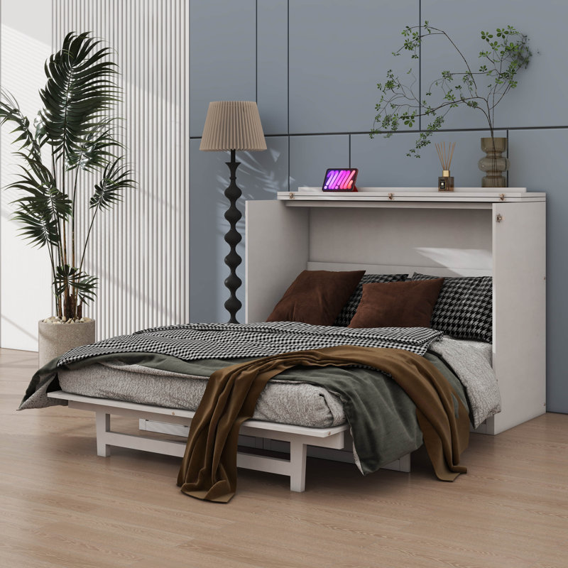 Lit escamotable avec tiroirs spacieux et ports USB pratiques, Blanc, Double