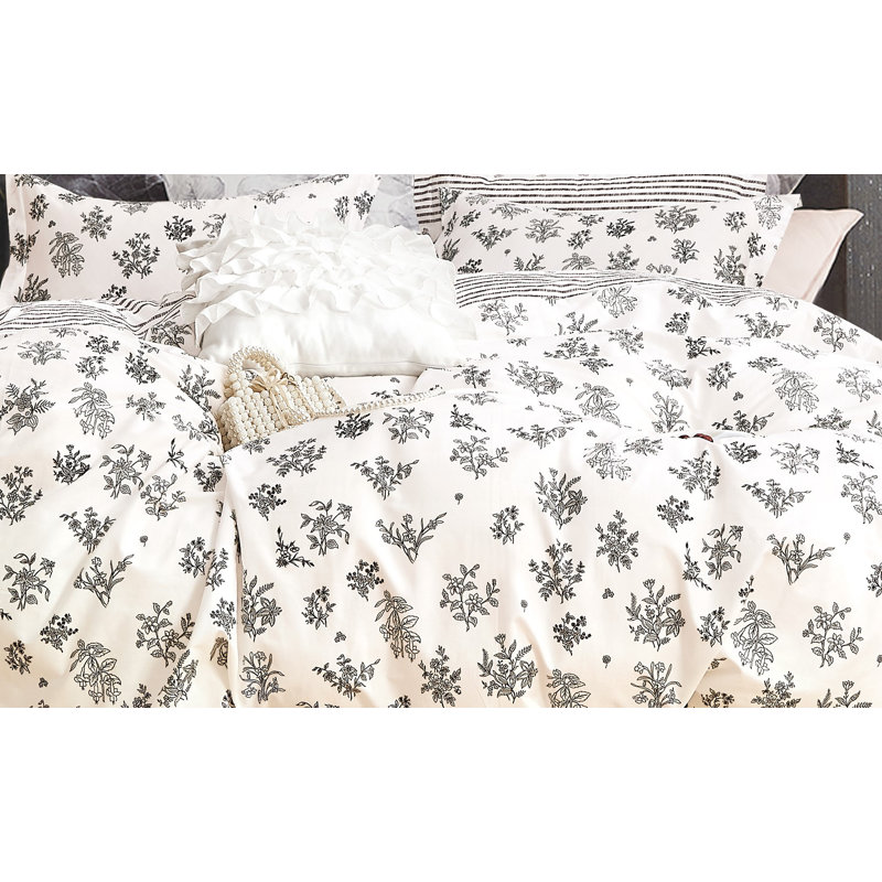 Farmhouse / Country Cotton Box Stitch Floral Comforter, Queen