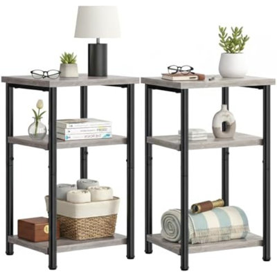 Ensemble de 2 tables d'appoint, petites tables de chevet pour petits espaces | Étagères de rangement ouvertes à 3 niveaux avec structure métallique, style industriel, chambre, brun rustique