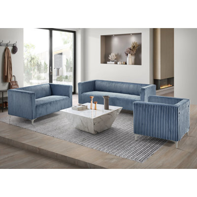 Ensemble de salon avec accoudoirs carrés en velours 3 pièces avec fauteuil, causeuse et canapé Rolf