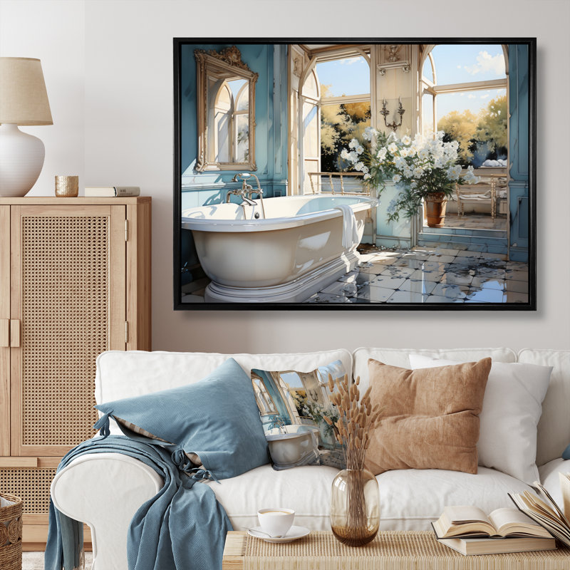 Bathroom Bathroom Reflections Of I - Impression sur toile encadrée, H 34 po x l 44 po x P 1,5 po, Cadre flottant noir