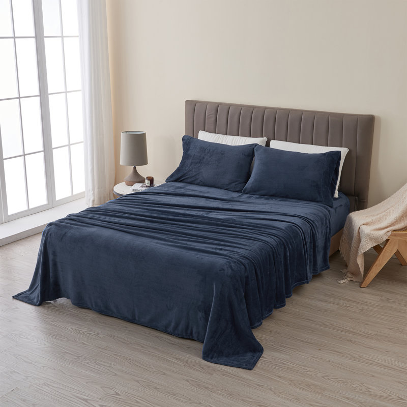 Ensembles de draps en velours ultra doux, Ensemble de draps pour grand lit + un drap-housse , Couleur unie, Bleu marine
