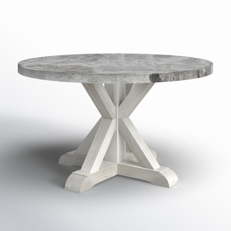 Amaryon Round Marble Top Solid Wood Base Dining Table, Gray Top/White Base