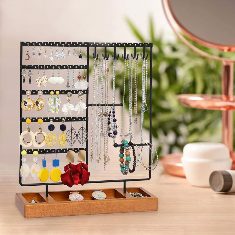 Présentoir à bijoux avec support et organisateur avec plateau en bois et crochets pour collier 