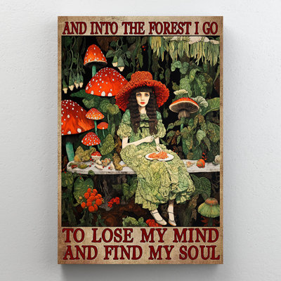 Mushroom And Into The Forest I Go - 1 pièce, impression d'art graphique rectangulaire sur toile tendue | 0124