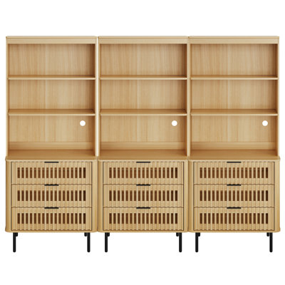 72.8" Tall 3 Tiers Bookshelf with Large Drawer, Modern Bookcase with Storage, Adjustable Shelves, Wood Display Storage Cabinet, Living Room, Bedroom，3 PCS