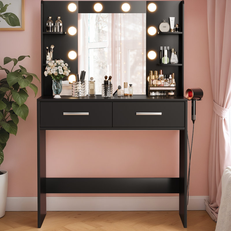 Makeup Vanity Desk with Lighted Mirror & Power Outlet, Black