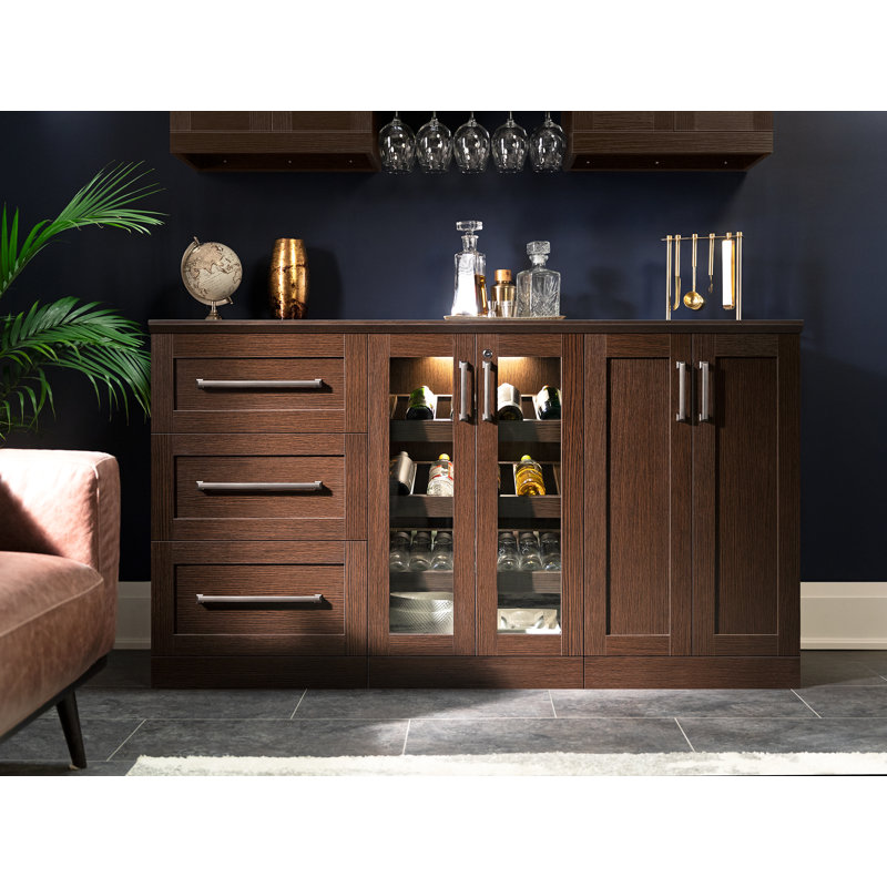 Dark Brown Shaker Style Home Bar Cabinet Set with Brushed Nickel Hardware