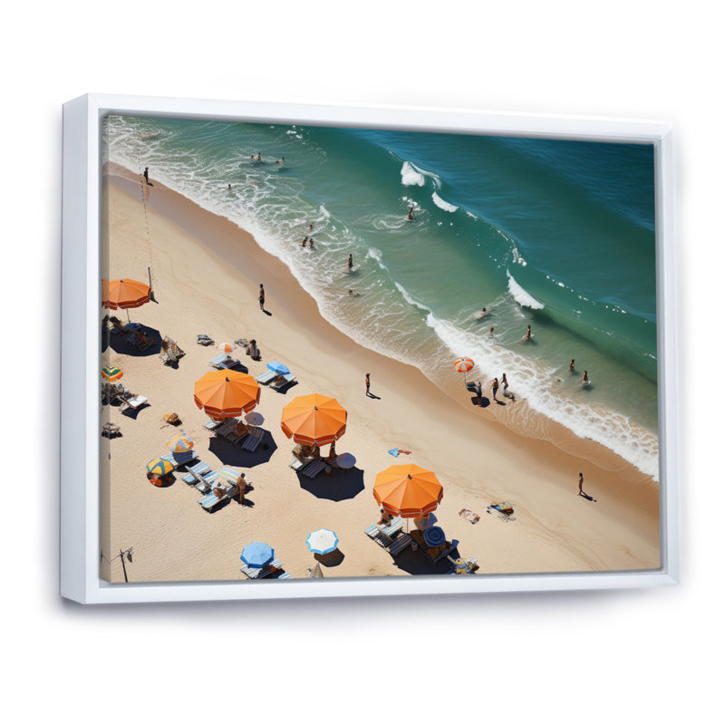 " Beach Umbrella Aerial View I ", White Floater Framed, 16" H x 32" W x 1" D