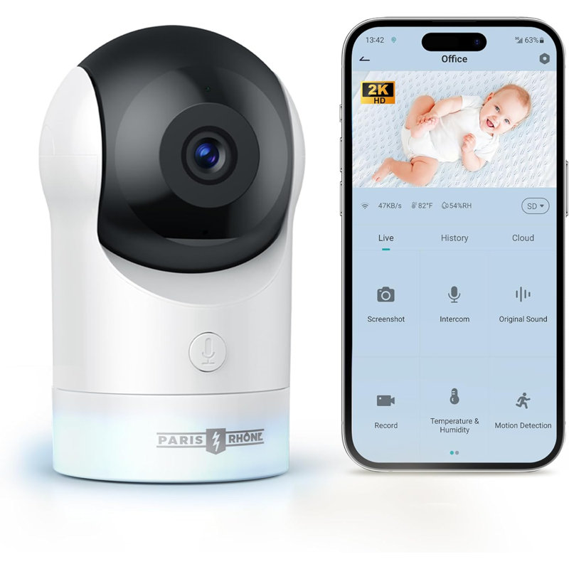 Paris Rhône 2K WiFi Baby Security Camera, Baby Monitor For Baby/pet/home Security, App Control, Motion And Cry Detection, Ai Tracking, Rgb Night Light, Three-way Aud