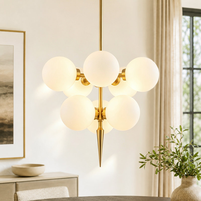 Lustre en forme de globe 8 lumières Arlo avec abat-jour en verre opale et finition dorée, hauteur réglable