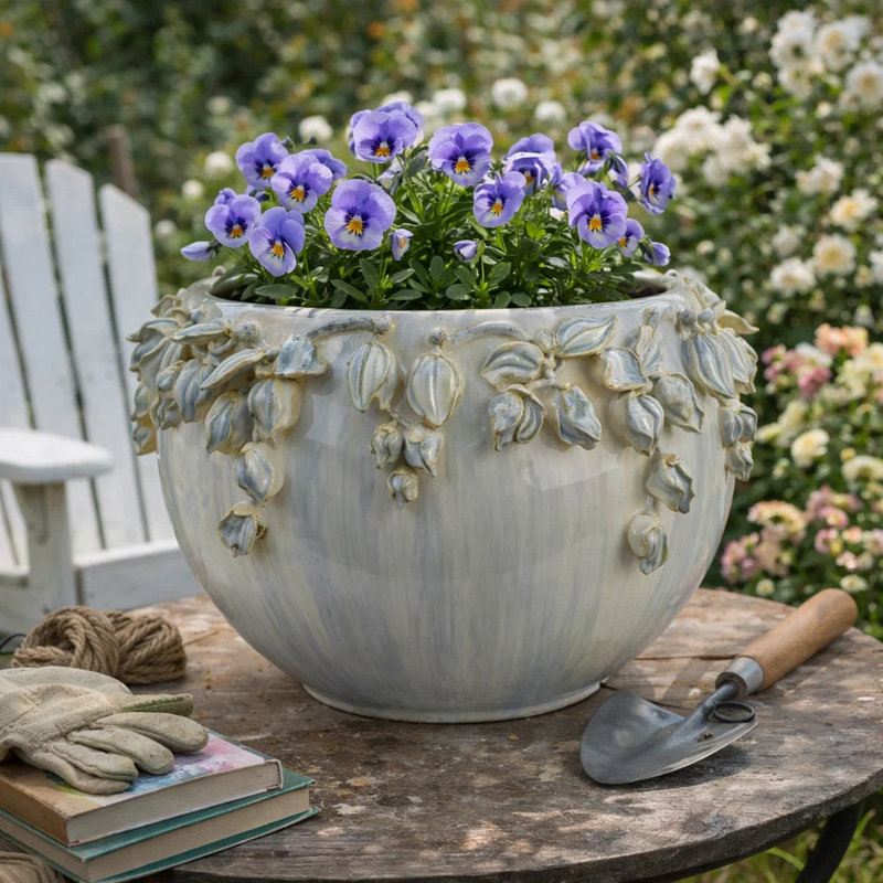 Pot à fleurs décoratif en céramique blanche avec bordure de guirlande florale, 12 po