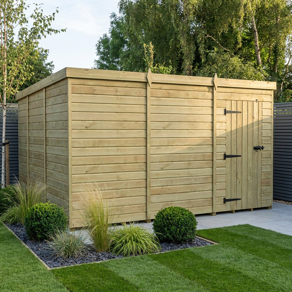 Total Sheds 12ft x 10ft Pent Garden Shed - Single Door - No Windows - Pressure Treated Timber - UK Manufactured