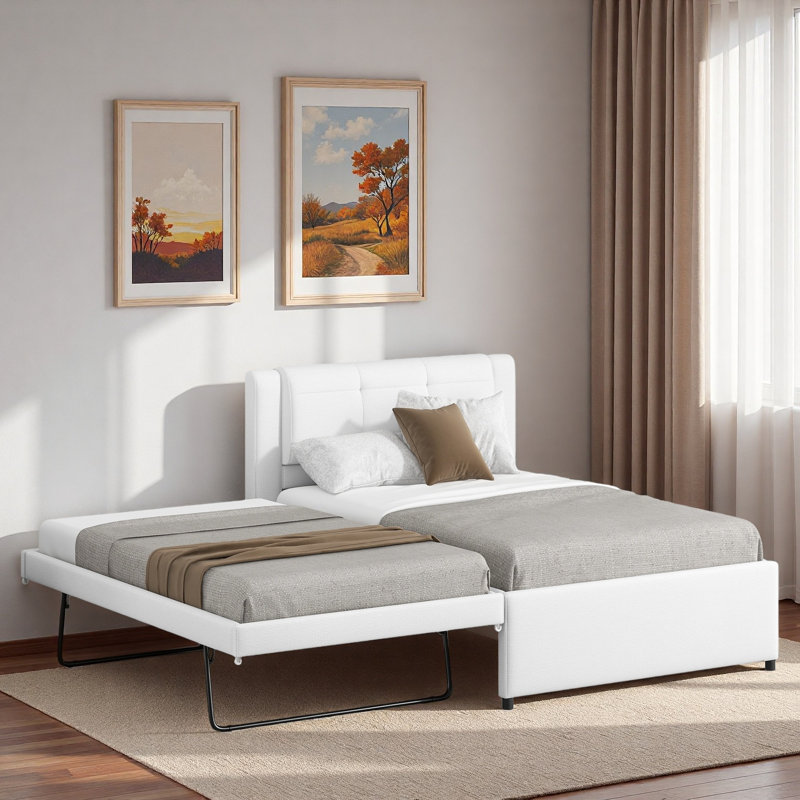 Lit plateforme tapissier avec lit gigogne multifonctionnel et tête de lit, Beige